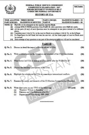First page of CSS Past Papers History of USA 2017