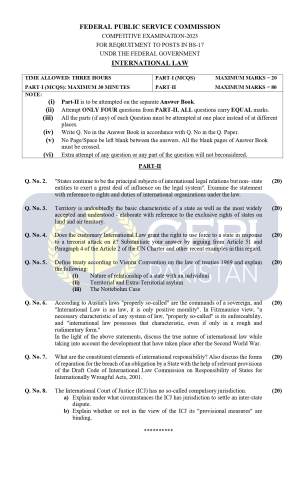 First page of CSS Past Papers International Law 2023
